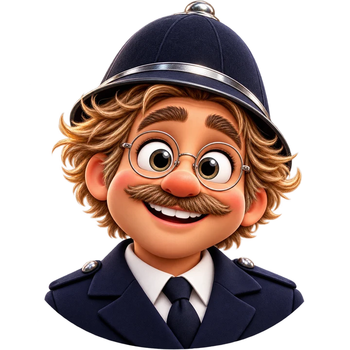 A fictional, friendly In Blue police guide wearing a traditional navy helmet